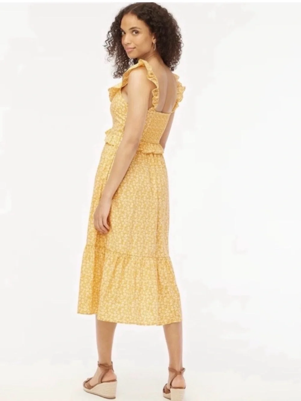 J Crew Factory Yellow Floral Ruffle Midi Dress - Women's Summer Sundress - Picture 3 of 6